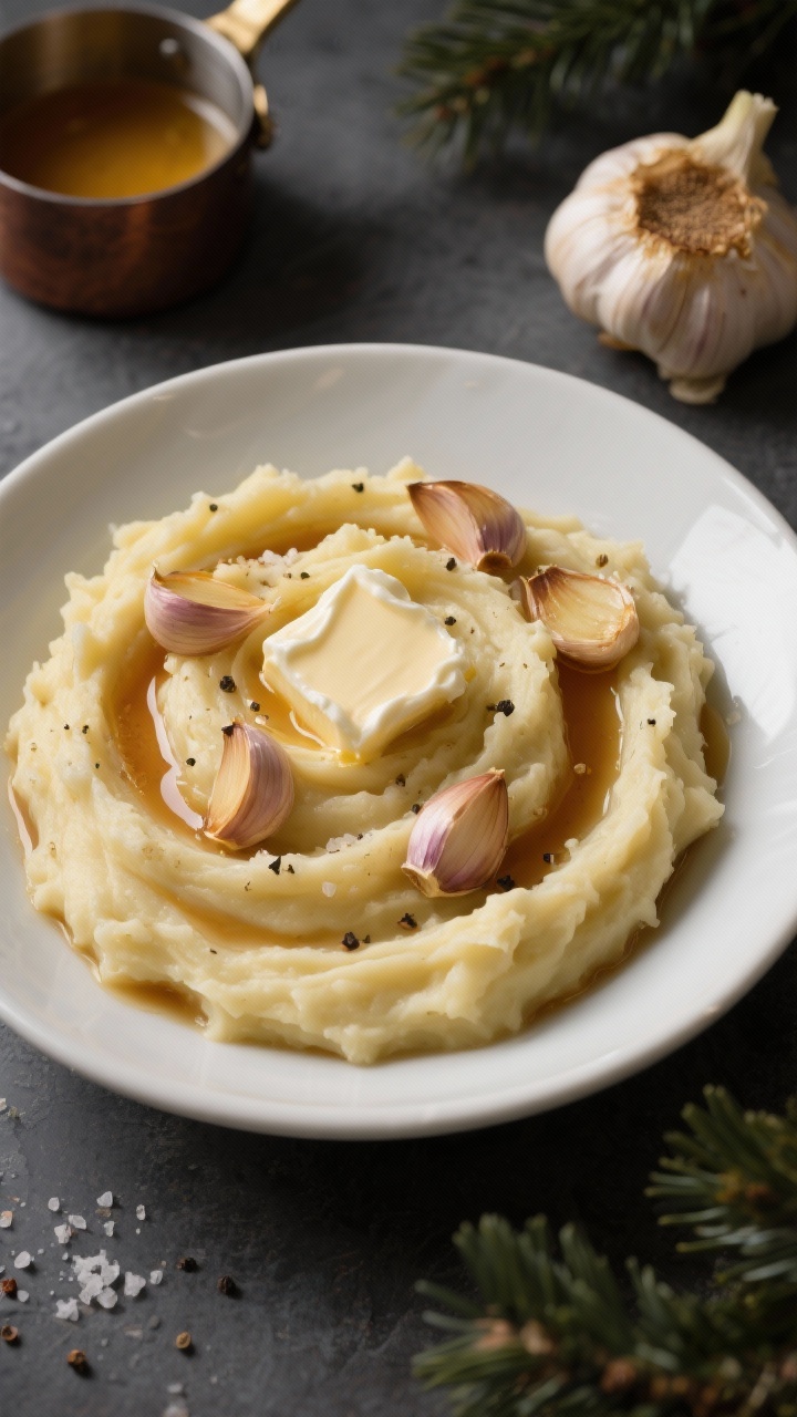 Overhead close-up of silky brown butter garlic mashed Yukon Gold potatoes swirled in a wide white bowl, glossy from melted browned butter pools, flecks of kosher salt and cracked pepper, roasted garlic cloves squeezed on top, a pat of butter melting into the mash, warm milk and a dollop of sour cream folded in for extra creaminess; set on a matte slate surface with a small saucepan of browned butter and a head of roasted garlic in frame, moody holiday lighting, shallow depth of field.