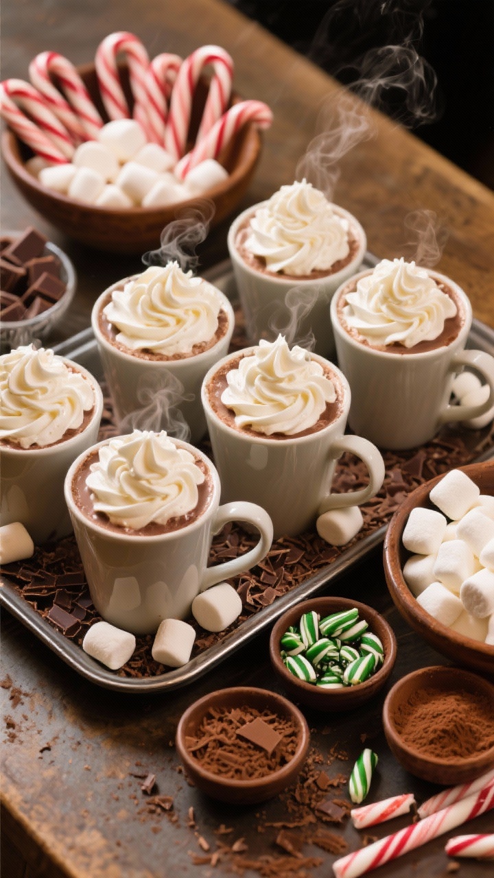 15 Festive Christmas Charcuterie Board Ideas for Holiday Parties That Wow Overhead cocoa bar scene: a tray of steaming hot cocoa mugs topped with swirls of whipped cream, mini and large marshmallows spilling from bowls, peppermint sticks/candy canes, chocolate shavings dusted over; tiny bowls of crushed peppermint and cocoa powder; rich, cozy tones and soft steam visible, high detail on toppings.