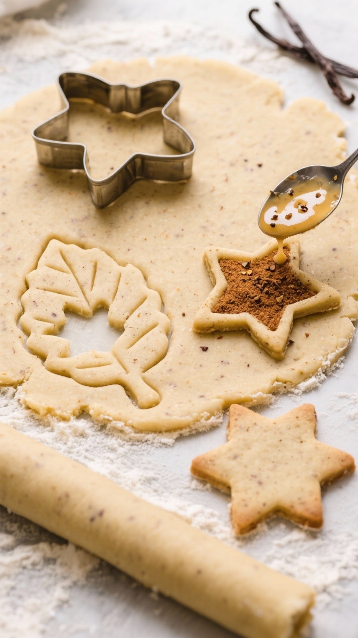 Overhead cookie-cutter scene for chai spice cut-out cookies: raw dough rolled on lightly floured surface, leaf and star cutters, chai-spiced dough speckled with spice; finished cookies to the side receiving a drizzle of vanilla bean glaze from a spoon, visible vanilla bean specks.