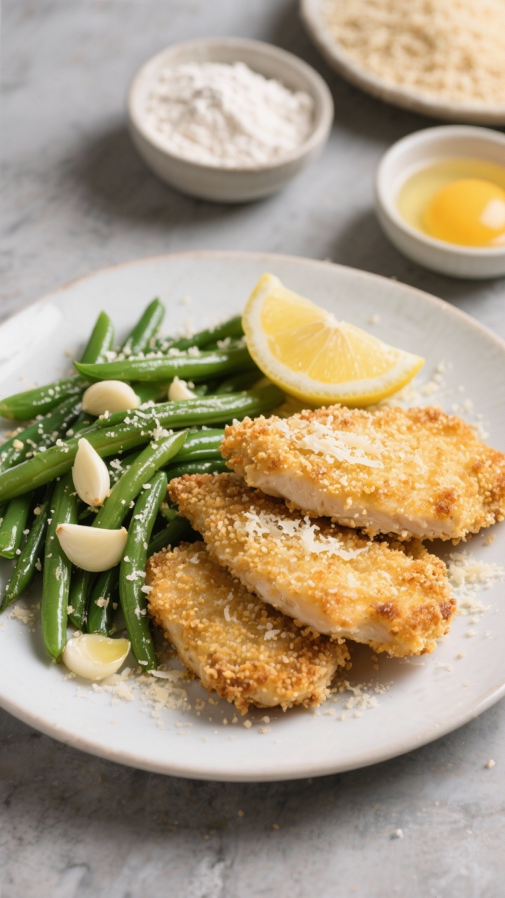 Overhead crisp scene of Parmesan chicken cutlets with garlic green beans: golden panko-Parmesan crusted cutlets stacked slightly overlapping, showing crunchy texture; a side of vibrant green beans sautéed with sliced garlic and a touch of butter; lemon wedge and a dusting of grated Parmesan on top; small bowls of flour, beaten eggs, and panko in the background hinting at the breading station.