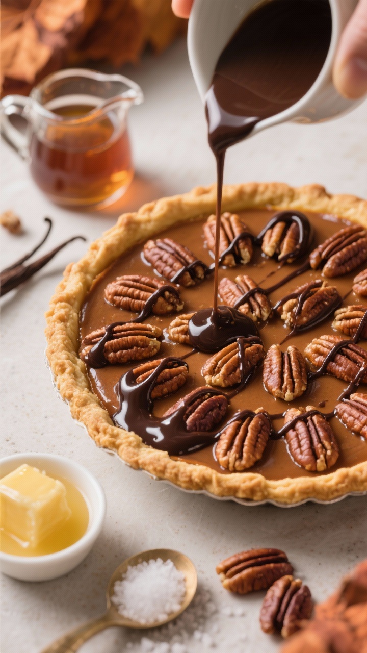 Overhead drizzle moment of a Maple Pecan Pie: glossy pecan halves set in a rich maple-brown sugar custard within a golden 9-inch crust, dark chocolate being drizzled in thin ribbons across the top; ingredients nearby—pure maple syrup in a small pitcher, melted butter, vanilla extract, and sea salt; deep autumn palette, reflective highlights on pecans, controlled shallow depth to spotlight the chocolate sheen.