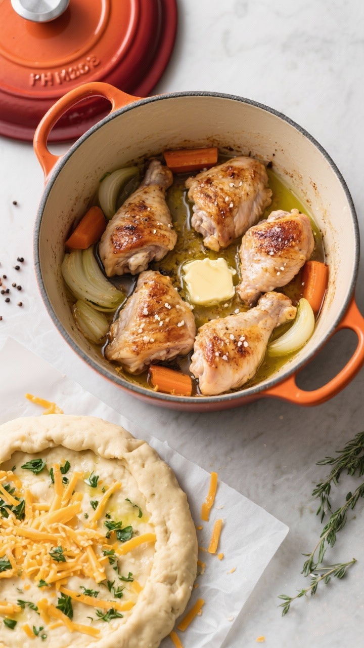 Overhead Dutch oven process shot: enamel Dutch oven with bite-size chicken thigh pieces seared in olive oil and butter, seasoned with kosher salt and black pepper; surrounding aromatics and veggies beginning to soften, with the herby cheddar crust dough disk off to the side on parchment, flecked with grated cheddar and chopped herbs, ready to be placed on top; rustic, hearty vibe, bright color from the pot, clean mise en place, no people.