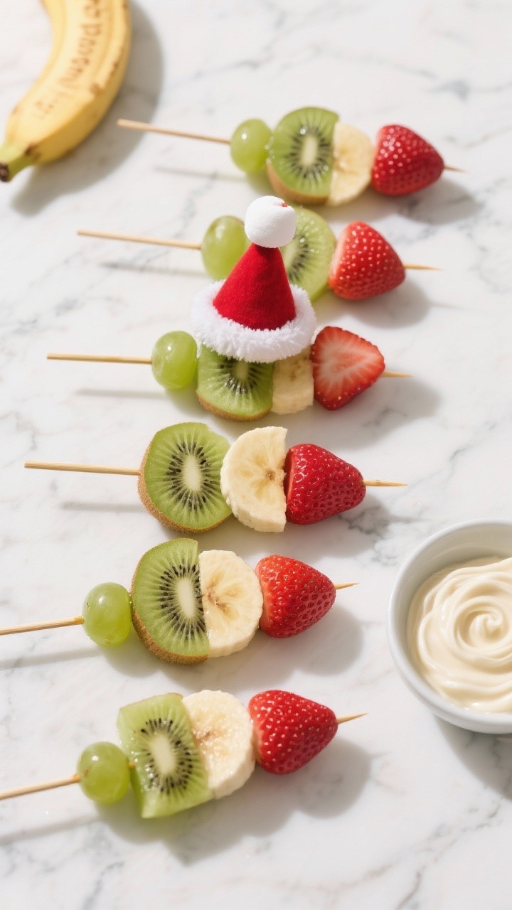 Overhead festive flat lay of Grinchy fruit kabobs: short skewers threaded with green grapes, kiwi chunks, banana coins, and strawberries topped with a mini marshmallow “hat pom-pom,” arranged in playful rows. A small bowl of fluffy vanilla dip with gentle swirls sits to the side. Bright, cheerful palette, white marble background, high-key lighting, emphasis on juicy textures and contrasting reds and greens.