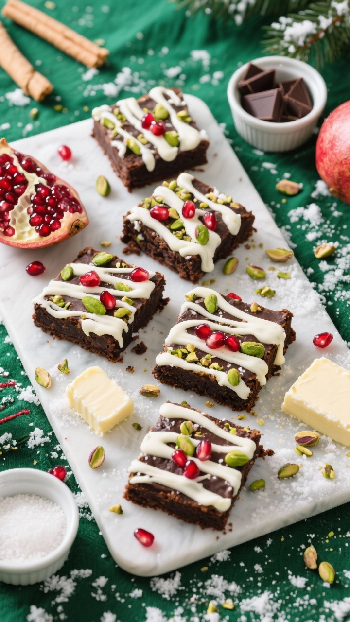 Overhead festive flat lay of White Chocolate Pistachio “Snowfall” Brownies with Pomegranate Jewels: dark chocolate brownie squares topped with a thick white chocolate drizzle like fresh snow, studded with emerald pistachios and ruby pomegranate arils. Scattered pistachio crumbs and extra arils around the board, with sticks of butter, chopped dark chocolate, and sugars in ramekins for context. Bright, crisp lighting, high contrast to make colors pop, winter-green linen for holiday feel, no people.