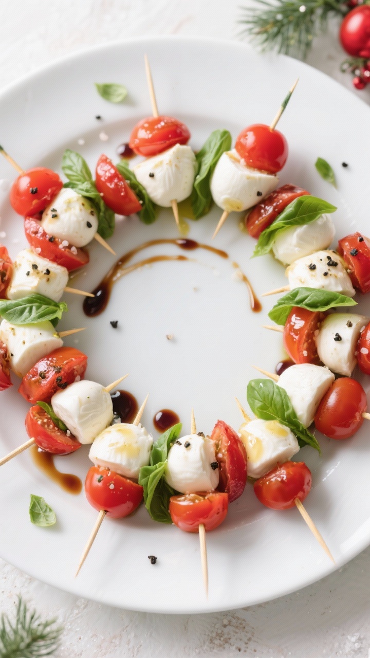 Overhead festive platter: Caprese wreath skewers arranged in a perfect circle on a white platter—mini mozzarella balls, cherry tomatoes, and small basil leaves threaded onto short picks; lightly tossed in extra-virgin olive oil, kosher salt, and freshly ground black pepper; finished with a glossy balsamic fig glaze drizzled around the wreath; scattered extra basil leaves for color; bright, holiday styling with clean, high-key lighting to make reds, whites, and greens pop.