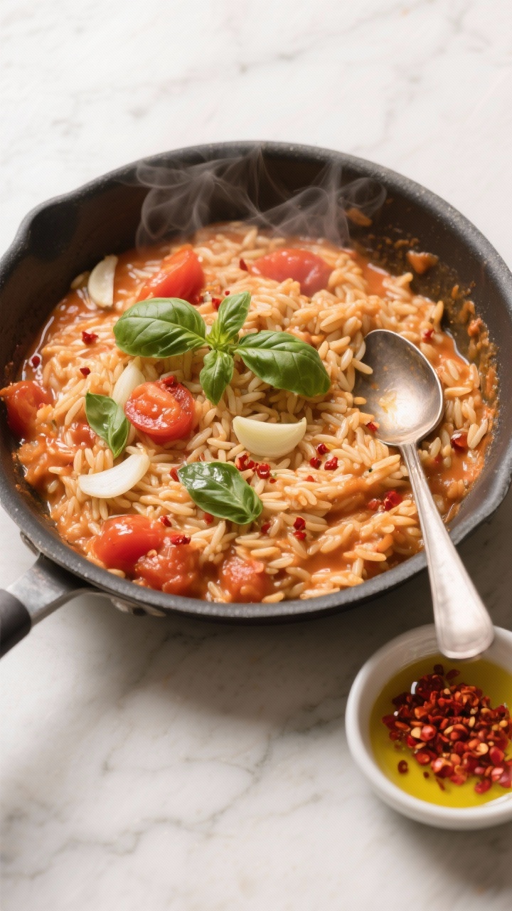 Overhead flat lay: a shallow skillet of creamy tomato-basil orzo, glossy from extra-virgin olive oil, with visible thinly sliced garlic, a gentle swirl of crushed tomatoes coating the orzo, flecks of red pepper flakes, and torn fresh basil scattered on top; steam subtly rising; warm, cozy tones on a light marble surface; a spoon resting in the pan showing the silky texture; small bowl of red pepper flakes and a drizzle of olive oil nearby.