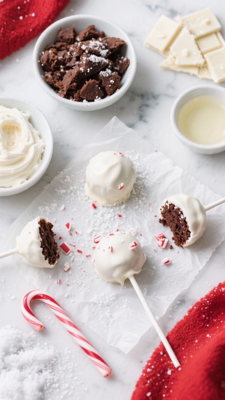 Overhead flat lay ingredient-to-finish sequence: White Chocolate Snowfall Pops with candy cane crunch. Start with bowls of crumbled baked chocolate cake, vanilla frosting, peppermint extract, and white chocolate melting wafers/almond bark; include a small dish of neutral oil. Progress to rolled cake balls on parchment, then fully dipped pops coated in smooth white chocolate, finished with crushed candy cane and a light “snowfall” dusting. Cool winter palette on a marble surface with red-and-white accents; clean, bright lighting to highlight contrast between dark cake interior and white coating.