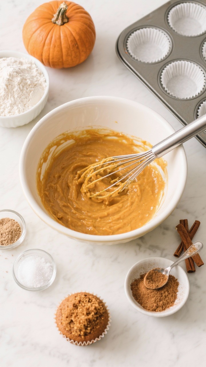 Overhead flat-lay ingredients and prep shot for one-bowl pumpkin cupcakes with cinnamon sugar crunch: a single large mixing bowl with pumpkin batter mid-stir, visible whisk trails. Surrounding neatly arranged ingredients include all-purpose flour, granulated sugar, baking powder, baking soda, fine sea salt, ground cinnamon, and a small bowl of cinnamon sugar ready to sprinkle. A muffin tin lined with papers is partly filled, a spoon dusted with cinnamon sugar off to the side. Bright, weeknight-friendly mood, clean countertops, no people.