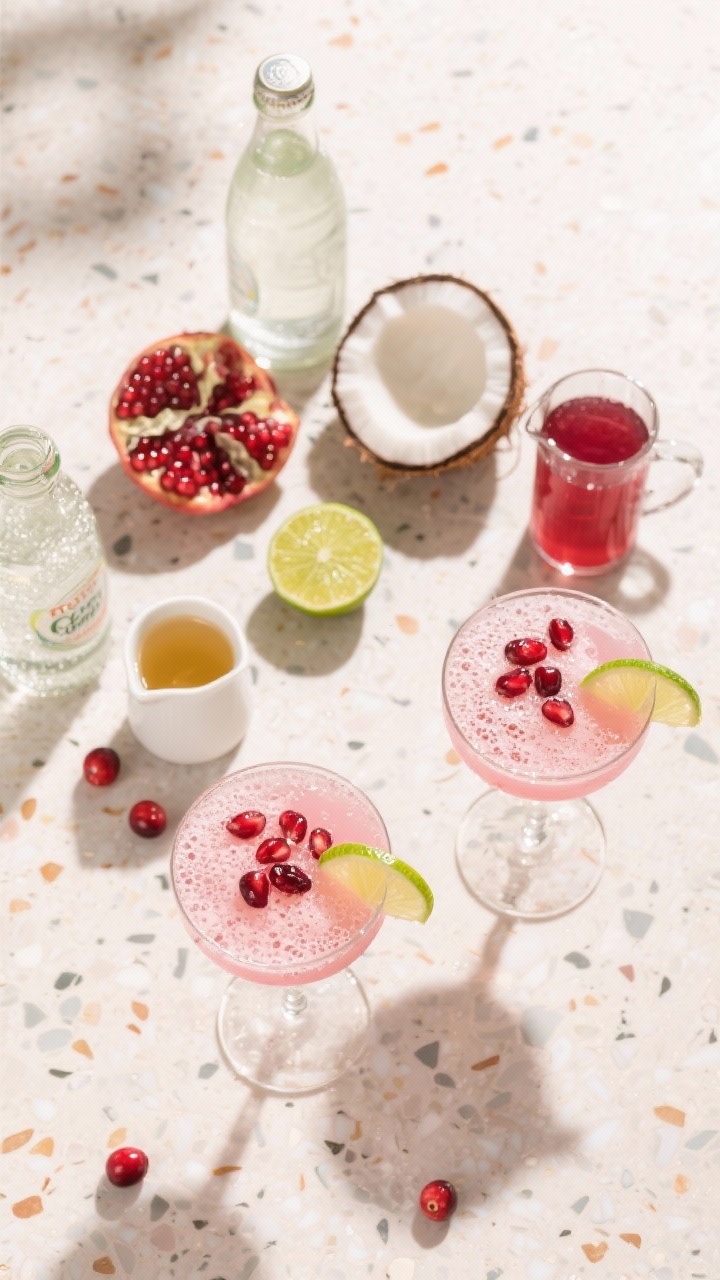 Overhead flat lay of a blush pink cranberry–coconut fizz assembly: ingredients neatly arranged on a pale terrazzo surface—cranberry juice cocktail, unsweetened coconut water, pomegranate juice, fresh limes (halved), a small pitcher of agave nectar, and chilled club soda or sparkling water; final drink shown in coupe glasses with a delicate blush hue, fine bubbles, pomegranate arils and a thin lime wheel as garnish; minimalist, party-ready vibe with clean shadows and bright, airy lighting.