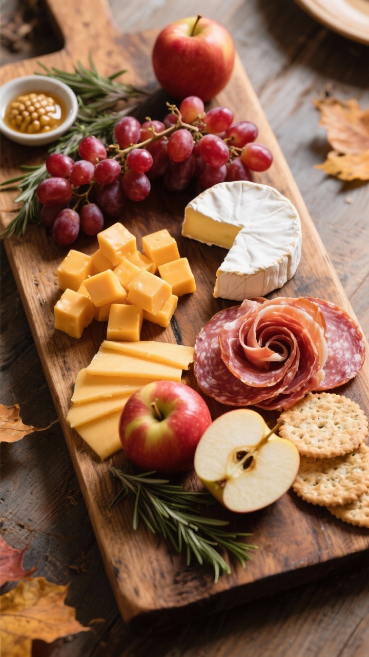Overhead flat lay of a Cozy Harvest Classic cheese and charcuterie board on a rustic wooden slab: neat cubes of sharp cheddar, a creamy brie wedge with a small slice removed, fanned slices of aged gouda, thinly sliced prosciutto folded into ribbons, salami folded into rosettes, red grapes on the vine for lush pops of color, and two small apples thinly sliced and lightly glossy as if tossed to prevent browning. Add small dishes of honey and whole-grain mustard, scattered rosemary sprigs, and a few artisan crackers. Warm autumnal tones, soft diffused window light, shallow shadows, cozy harvest mood, no people.