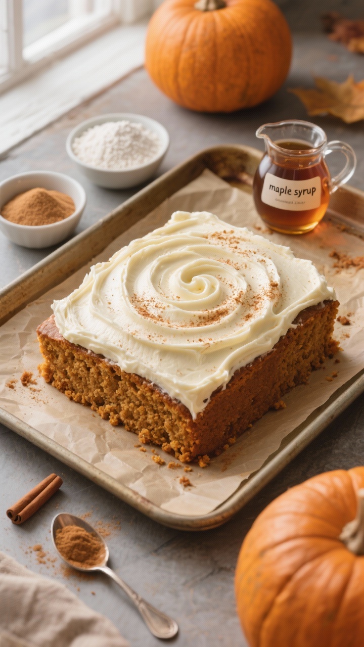 Overhead flat lay of a cozy pumpkin spice snacking cake freshly frosted: a square, moist pumpkin spice cake with visible tender crumb, swirled maple cream cheese frosting on top, lightly dusted with pumpkin pie spice and cinnamon. Surround with small bowls of all-purpose flour, granulated sugar, light brown sugar, pumpkin pie spice, ground cinnamon, and a teaspoon of baking powder/soda, plus a small pitcher labeled “maple syrup” for the frosting. Warm autumn tones, rustic parchment-lined sheet pan, soft window light, no people, professional styling emphasizing creamy frosting swirls and spice texture.