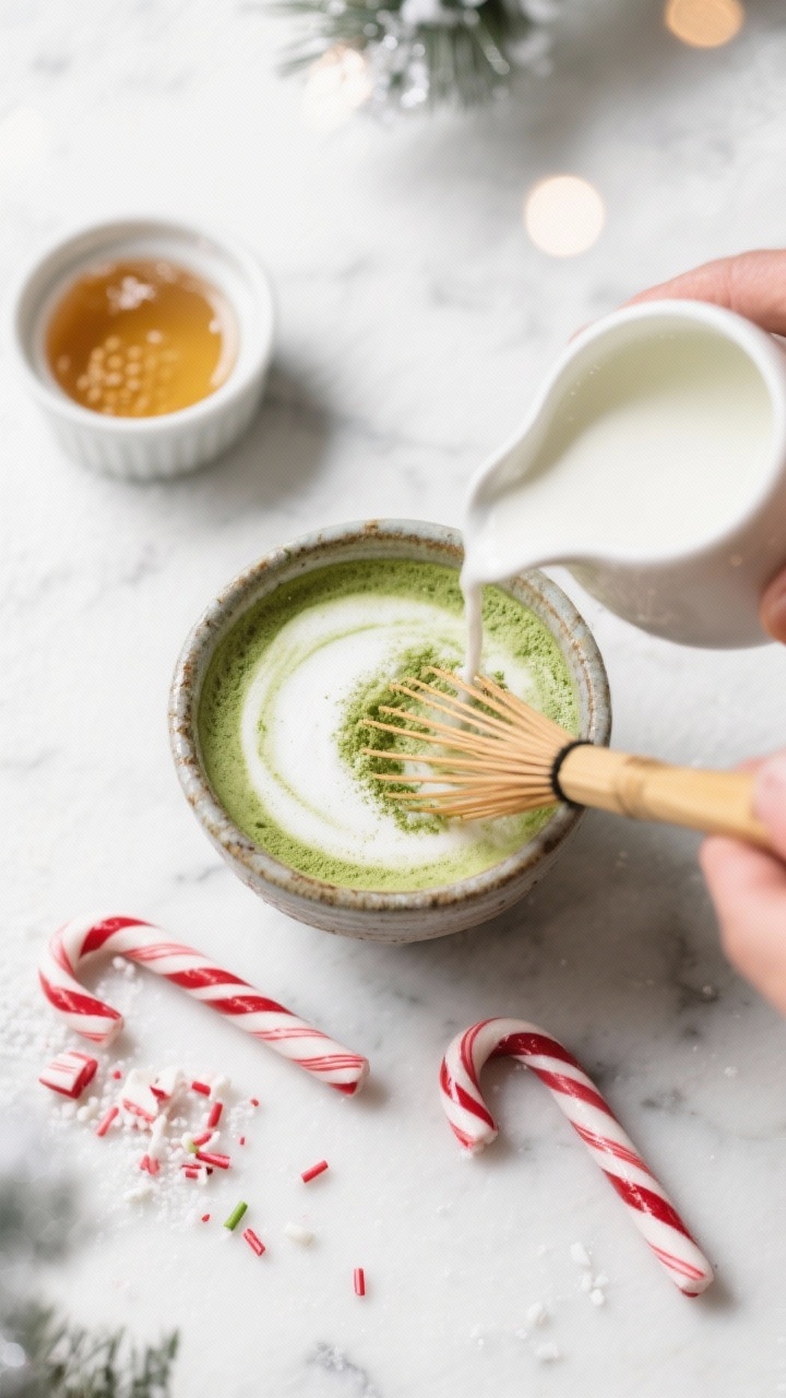 Overhead flat lay of a festive Peppermint Candy Cane Matcha latte being whisked: a chawan with 1 tsp ceremonial-grade matcha sifted, 2 tbsp 175°F hot water creating vivid jade foam, and a small pitcher of steamed milk (dairy or almond/oat) ready to pour; include a ramekin of simple syrup or honey, crushed candy cane sprinkles, and two whole mini candy canes; styled on a snowy white marble surface with subtle holiday bokeh, high contrast, crisp highlights on the froth, no people.