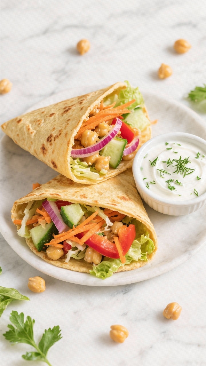 Overhead flat lay of a folded zesty chickpea crunch wrap sliced in halves to reveal the filling: smashed chickpeas, grated carrot, diced cucumber, diced red bell pepper, shredded romaine, and thin slivers of red onion, all tucked in a golden-toasted tortilla with a side ramekin of herby yogurt (speckled with chopped dill/parsley) for dipping; bright, high-key lighting, crisp textures emphasized, a few chickpeas and herb leaves scattered on a light marble surface for freshness, no people.