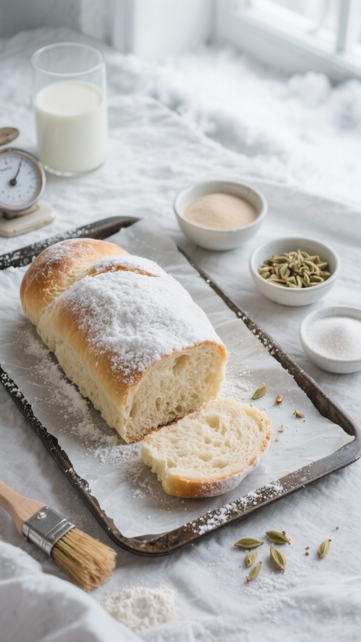 Overhead flat lay of a freshly baked Nordic cardamom snow-cloud loaf on a parchment-lined baking sheet, its pale golden crust dusted with a light snowfall of powdered sugar to emphasize the “snow-cloud” softness; visible airy crumb on a sliced end. Surround with small bowls of warm whole milk (100–105°F), granulated sugar, instant yeast, fine sea salt, and a little pile of ground cardamom pods/seeds; include a scale with bread flour and a wooden dough brush. Cool winter Nordic mood with soft diffused window light, cool-toned linen, and minimal props to highlight the tender, fluffy texture.