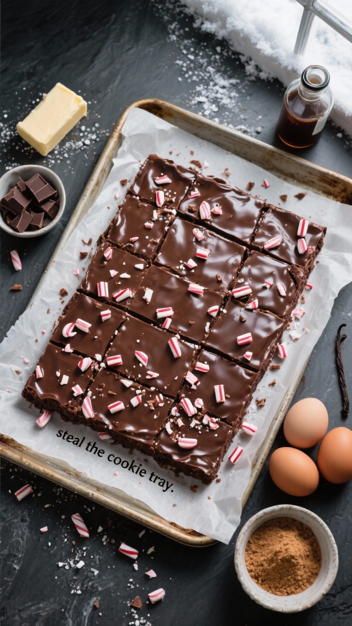 Overhead flat lay of a glossy slab of fudgy peppermint bark brownies on a parchment-lined sheet, cut into generous rectangles that “steal the cookie tray.” Show a crackly, shiny chocolate top with visible chopped semisweet chocolate flecks, a scatter of crushed peppermint candy bark on top, and crumbs around the edges. Include key ingredients styled at the corners: a stick of unsalted butter, chopped semisweet chocolate, granulated and brown sugar in small bowls, 3 room-temperature eggs, and a vanilla bottle. Cool winter mood, dark slate surface, natural window light, high contrast, crisp detail.