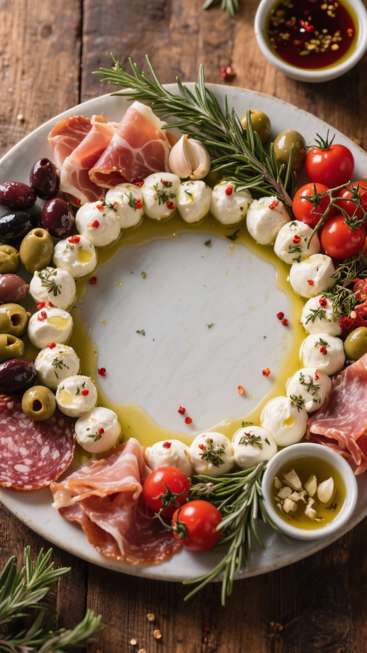Overhead flat lay of a holiday antipasto wreath arranged in a perfect circle on a large round platter: marinated mozzarella balls glistening in extra-virgin olive oil with red wine vinegar, garlic, dried oregano, and crushed red pepper flakes; assorted olives; folded charcuterie (salami, prosciutto); rosemary sprigs as greenery; cherry tomatoes for color accents. Small bowl of marinade with grated garlic visible; festive yet rustic styling on a wood table. Emphasize glossy oils, pepper flakes, and herb flecks; balanced composition with negative space in the center.