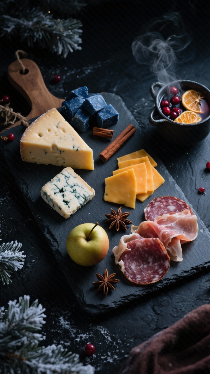 Overhead flat lay of a moody “North Pole Night Market” charcuterie board on dark slate: sliced aged gouda, chunked midnight blue cheese or gorgonzola dolce with veining, smoked cheddar slices, thinly fanned finocchiona salami, loosely folded ribbons of prosciutto, and a small apple or pear for wintry freshness. Style with star anise, cinnamon sticks, and a small pot of steaming mulled fruit (visible citrus wheels and cranberries) to suggest warmth; low-key lighting, glistening cheese textures, and frosty holiday props for a midnight market vibe. No people, professional styling, crisp detail and contrast.