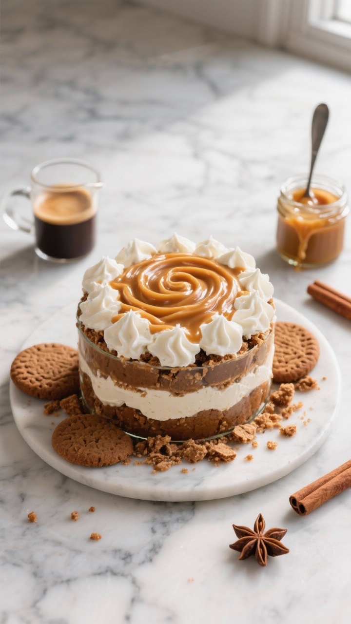 Overhead flat lay of a no-bake Gingerbread Latte Trifle assembly on a cool marble surface: layers of roughly crushed gingerbread/gingersnap cookies soaked with cooled strong coffee, dollops of spiced mascarpone whipped cream (heavy cream + softened mascarpone) swirled with glossy caramel; include a small beaker of espresso, a jar of caramel with a spoon trail, cinnamon sticks, and star anise for mood; warm holiday tones, high contrast, soft natural window light, shallow depth of field emphasizing the caramel swirl and crumb texture, no people.