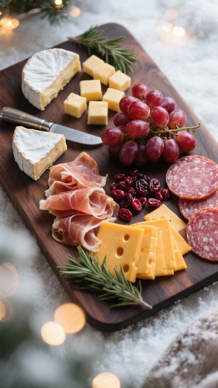 15 Festive Christmas Charcuterie Board Ideas for Holiday Parties That Wow Overhead flat lay of a North Pole classics charcuterie board on a dark walnut board with twinkle-light bokeh: aged cheddar cubes, a brie wedge with a small cheese knife, sliced gouda fanned, ribbons of prosciutto, rounds of soppressata and Genoa salami, a pile of red grapes, and a scatter of dried cranberries; garnished with a few rosemary sprigs for a festive touch; high-contrast, soft window light, crisp textures, no people.