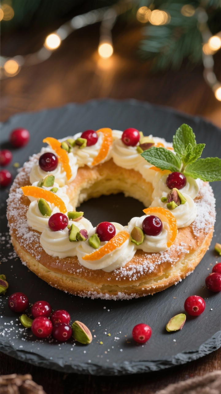 Overhead flat lay of a Paris-Brest ring piped with orange mascarpone cloud, studded with sparkling sugar-crusted cranberries and chopped pistachios; glossy pâte à choux ring dusted with powdered sugar, fine orange zest curls, and tiny mint leaves for contrast; warm holiday palette of ruby red cranberries, emerald pistachios, and pale orange cream on a matte slate platter, bokeh string lights in the background, high-end editorial styling, no people.