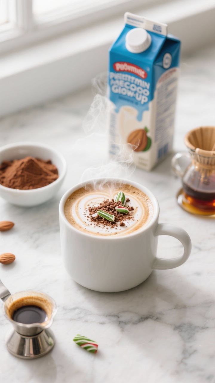 Overhead flat lay of a Peppermint Mocha Glow-Up in a matte white mug on a marble surface: creamy unsweetened almond milk latte swirled with cocoa powder, a shot of espresso, and a light maple syrup sheen; garnished with a dusting of cocoa and crushed peppermint for a cozy holiday vibe. Surround with key ingredients—almond milk carton, small bowl of unsweetened cocoa powder, maple syrup dripper, and a freshly pulled espresso shot—minimalist styling, soft window light, steam gently rising, no people.
