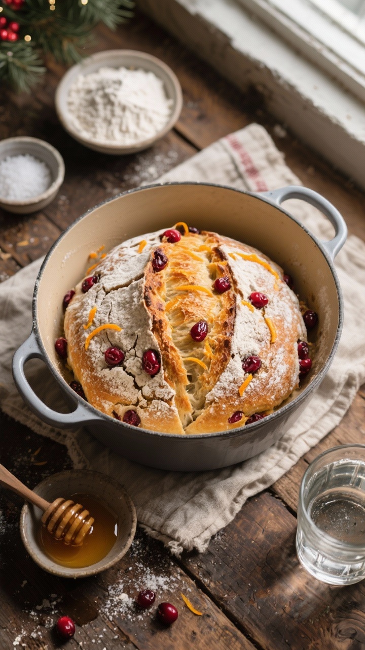 Overhead flat lay of a rustic no-knead cranberry–orange Christmas boule just out of a Dutch oven: deeply blistered golden crust, crackled flour dusting, ruby dried cranberries peeking through, flecks of bright orange zest on the surface. Surround with measured ingredients in small bowls—3 cups flour, fine sea salt, a pinch of instant yeast, honey drizzled on a spoon, and a glass of room-temperature water. Warm, cozy holiday mood on a worn wooden table with a linen tea towel; natural window light, high contrast, no people.
