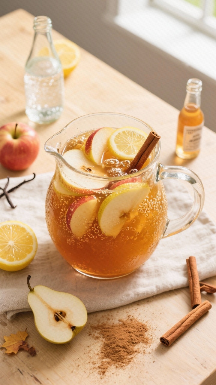 Non-alcoholic Thanksgiving Drinks for the Whole Family You’ll Crave All Season Overhead flat lay of a Sparkling Apple Pie Punch in a large clear glass pitcher with condensation, surrounded by chilled apple cider, sparkling water, pear juice, fresh lemon halves, a vanilla extract bottle, and whole cinnamon sticks. The pitcher is filled with amber-gold punch, thin apple and pear slices, lemon wheels, and floating cinnamon sticks; tiny bubbles visible from the club soda. Styled on a light wood table with a dusting of ground cinnamon and a neutral linen, bright autumnal mood, natural window light, crisp focus on effervescence.