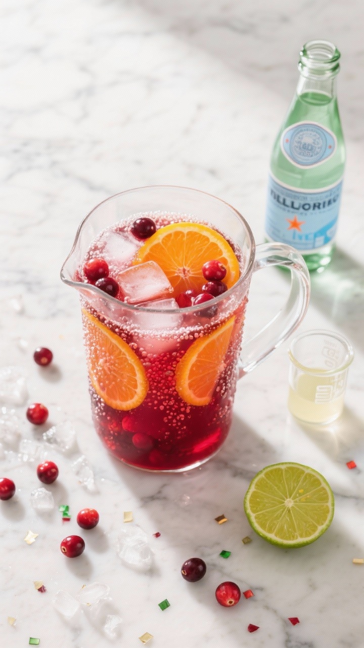 10 Festive Thanksgiving Drinks Everyone Will Love (and Ask You for the Recipe) Overhead flat lay of a sparkling cranberry-orange punch in a clear glass pitcher on a marble surface, ruby 100% cranberry juice mingling with vivid orange juice, tiny bubbles from a freshly opened 750 ml bottle of sparkling water, flecks of lime juice brightness; styled with thin orange wheels, fresh cranberries, and crushed ice scattered like holiday confetti; a small beaker of simple syrup and a cut lime on the side, bright, festive, high-key lighting.