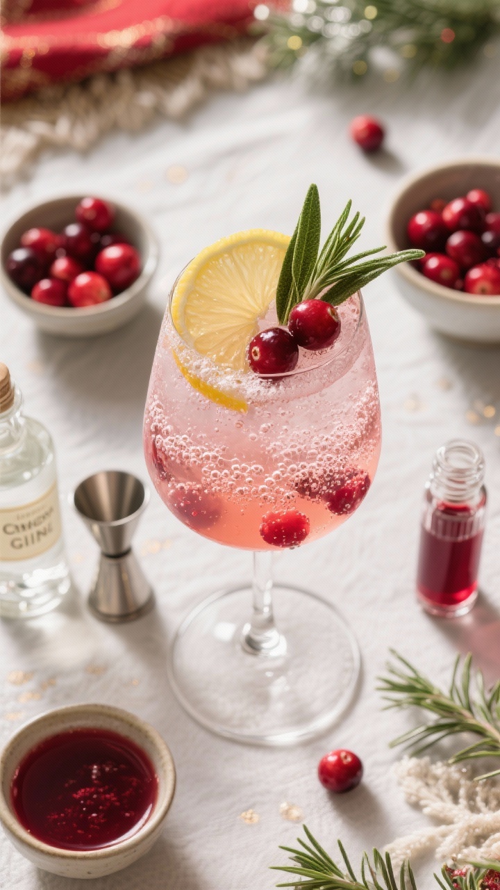 Thanksgiving Cocktails That’ll Turn Your Feast Into a Toast-worthy Party Overhead flat lay of a sparkling Cranberry Sage Gin Spritz in a tall stemmed glass on a holiday tablescape: pale ruby drink with fine bubbles, thin slice of lemon peel, floating fresh cranberries, and a sprig of sage as garnish. Surround with small bowls holding 2 oz London Dry gin in a jigger, 1 oz 100% unsweetened cranberry juice in a glass vial,