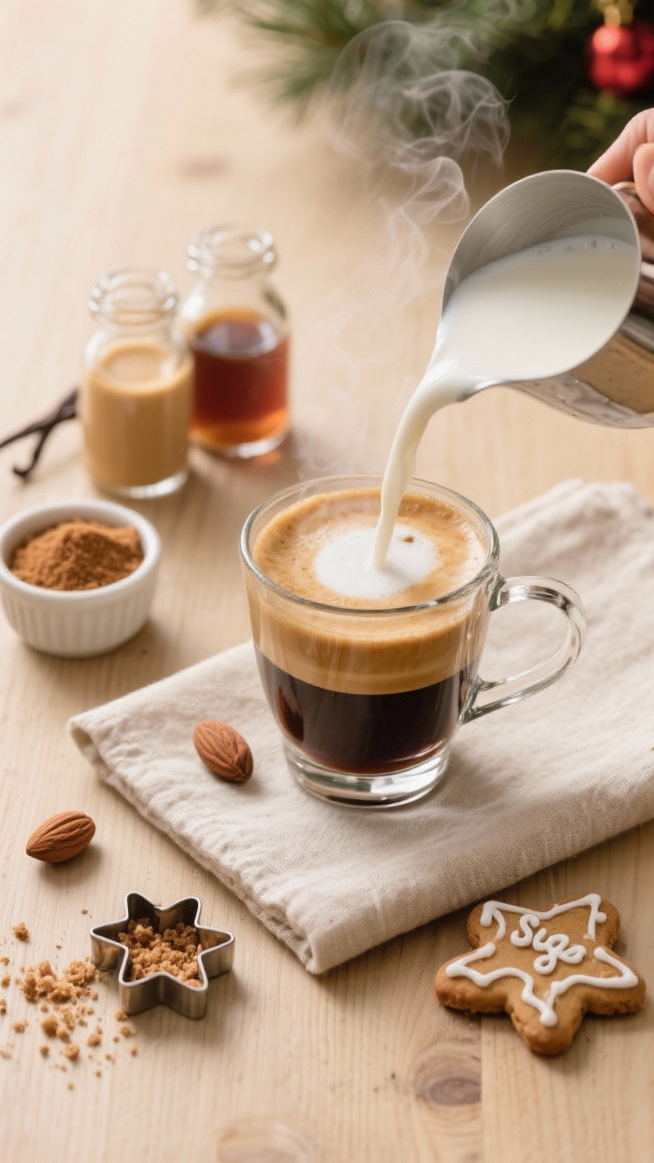 Overhead flat lay of a Sugar Cookie Latte being built: a clear glass mug with two fresh espresso shots at the bottom, warm frothed milk being poured in, bottles/ramekins of vanilla syrup and almond syrup nearby, a small dish of brown sugar, a tiny pinch bowl of ground nutmeg, and optional holiday sugar cookie crumbs ready to sprinkle; cozy beige and cream palette, soft morning light, subtle steam rising, styled on a light wood surface with a festive cookie cutter and a linen napkin.