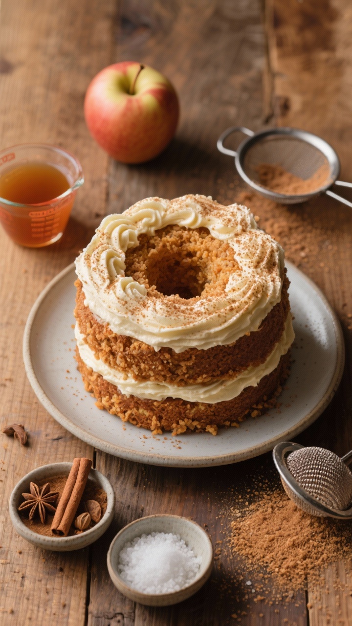Overhead flat lay of an Apple Cider Donut Cake with a rustic donut-crumb texture: tall, round cake with visible tight crumb from reduced apple cider (2 1/2 cups reduced to 1 cup) layered with silky maple buttercream, generously dusted in cinnamon sugar crunch. Include small bowls of ground cinnamon, nutmeg, baking powder/soda, and fine sea salt; a measuring cup with amber apple cider reduction; and a sifter dusting cinnamon sugar over the cake. Warm autumn palette, matte ceramic plate on a wood table, soft side light highlighting the sugar sparkle and buttercream swirls, no people.