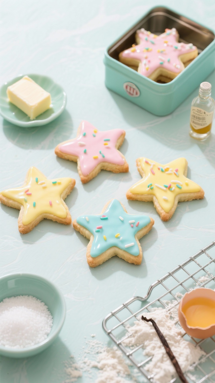 Overhead flat lay of Atomic Starburst Sugar Cookies freshly iced: crisp pastel-glazed sugar cookies cut into atomic starburst shapes with mid-century sprinkle accents, soft matte pastel hues (mint, blush pink, butter yellow, icy blue) gleaming on smooth royal-style glaze; visible components around the scene include a small bowl of granulated sugar, a stick of softened unsalted butter, a cracked egg, vanilla extract bottle, and a dusting of flour and baking powder on a pale Formica-style surface; 1950s retro props like a starburst cooling rack and pastel tins; bright, clean lighting for glossy glaze and sharp cookie edges.
