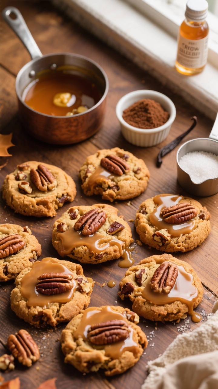 Thanksgiving Cookies That’ll Steal the Show From the Pie Overhead flat lay of Brown Butter Pecan Pie Cookies with maple glaze: golden-brown, crinkly cookies studded with toasted pecan pieces, generously drizzled with glossy maple glaze that pools slightly; props include a small saucepan with browned butter showing toasty milk solids, a ramekin of dark brown sugar, a pinch bowl of granulated sugar, vanilla extract bottle, and a measuring cup of all-purpose flour; warm, cozy autumn palette on a walnut wood surface, soft window light, crisp focus on the glaze sheen and pecan texture, no people.