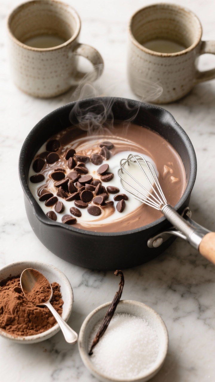 Overhead flat lay of Classic Cozy Cocoa simmering in a matte black saucepan on a marble surface: whole milk and half-and-half swirling with glossy semi-sweet chocolate chips melting, sifted unsweetened cocoa powder and granulated sugar in small prep bowls, a teaspoon of pure vanilla alongside. Include a whisk resting on the rim, soft steam rising, and two stoneware mugs ready with a ladle. Warm, cozy lighting, rich chocolate browns contrasting with creamy off-white tones, crisp professional styling, no people.