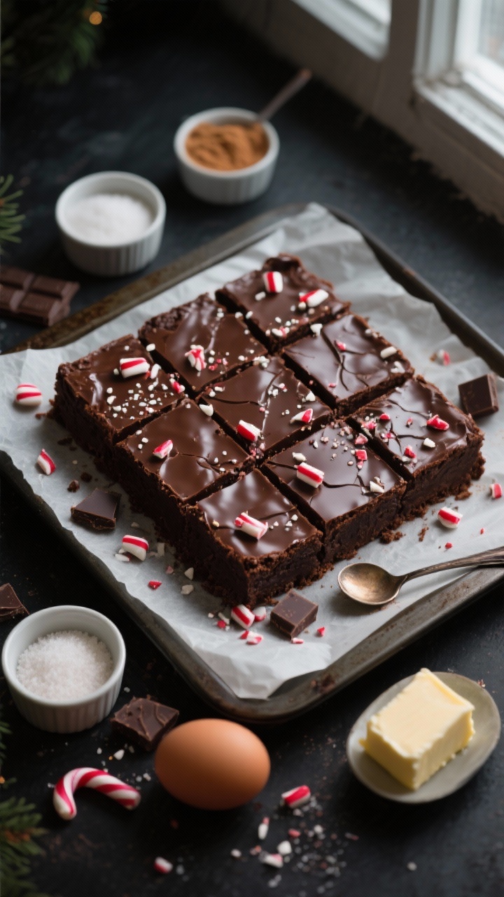 Overhead flat lay of Classic Fudgy Christmas Brownies with a glossy crackled top, cut into neat squares on a parchment-lined baking sheet; visible flecks of crushed peppermint candy sparkle on top, a few chocolate chunks and chopped bittersweet chocolate scattered nearby, with ramekins of granulated sugar and light brown sugar, two room-temperature eggs, a stick of unsalted butter, and a teaspoon of vanilla off to the side; deep cocoa tones, festive red-and-white peppermint pieces, soft window light, moody dark background, no people, professional food styling.