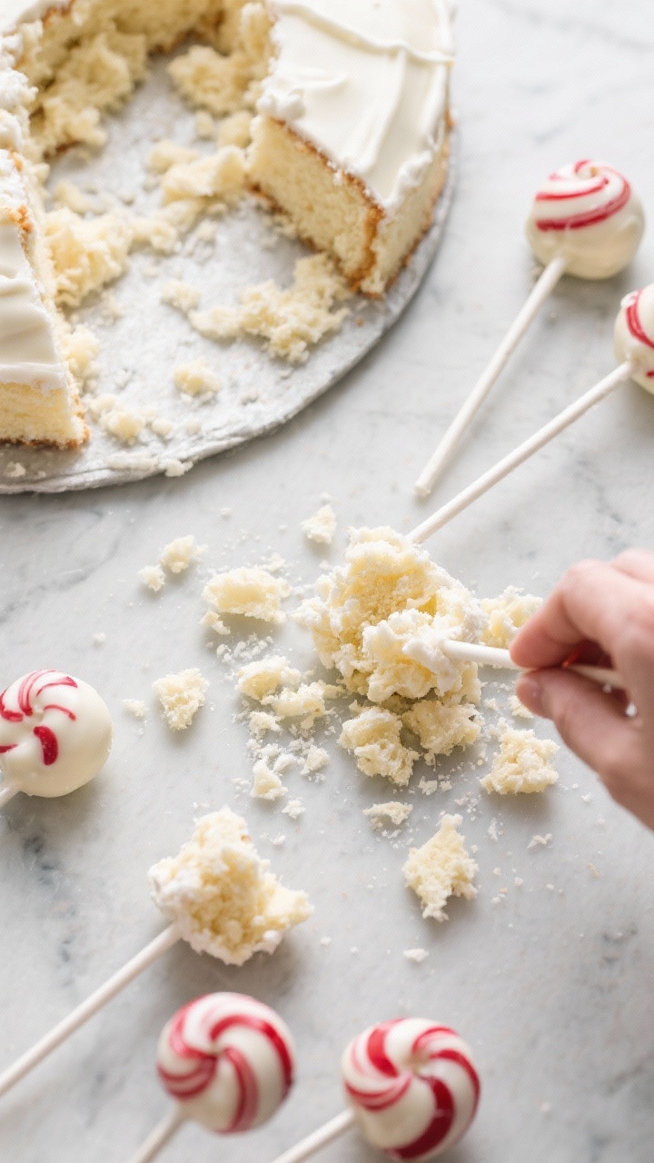 Overhead flat lay of Classic North Pole cake pops being assembled: crumbled vanilla cake made from a