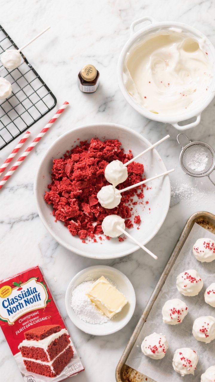 Overhead flat lay of Classic North Pole red velvet cake pops being assembled: crumbled red velvet cake from a boxed mix in a large bowl, a small dish of softened cream cheese and softened unsalted butter, powdered sugar being sifted, a bottle-cap of vanilla extract, and a tray of rolled cake balls on parchment. Nearby, a white candy melting bowl with a few melted drips, red-and-white striped paper straws, and a cooling rack with freshly dipped glossy white pops sprinkled with tiny red sugar. Bright, festive holiday styling on a marble surface, crisp highlights, no people.