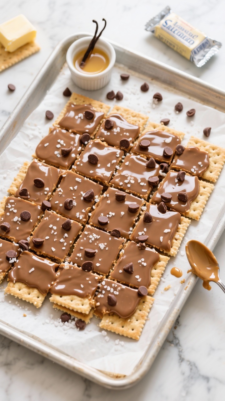 Overhead flat lay of Classic Salted Chocolate Cracker Toffee on a parchment-lined sheet pan: a tight mosaic of unbroken saltine crackers slathered with glossy toffee (made from unsalted butter and packed light brown sugar), topped with a smooth layer of melted semi-sweet chocolate chips, finished with a light sprinkle of flaky sea salt. Include a small ramekin of vanilla extract, a scattered handful of semi-sweet chips, a butter wrapper, and a spoon with leftover toffee drip on a cool marble surface. Crisp cracker edges, shiny chocolate, and contrasting salt crystals in sharp focus, natural window light, professional food styling, no people.