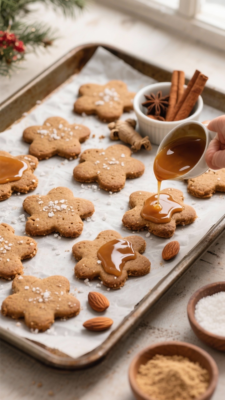 Healthy and Low-sugar Christmas Baking Recipes That’ll Steal the Cookie Tray Overhead flat lay of freshly baked gingerbread almond cookies that actually snap, arranged on a parchment-lined sheet pan. Show the maple glaze being drizzled over a few cookies, with some already set and glossy. Include visible ground ginger, cinnamon sticks, a pinch of ground cloves in a ramekin, fine almond flour, and arrowroot starch in small bowls off to the side. Warm, cozy tones, crisp edges on the cookies, fine sea salt flakes sprinkled lightly, natural window light for a holiday feel.