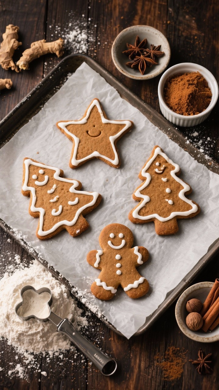 Classic Christmas Baking Ideas Everyone Will Love, With Zero Stress and Maximum Cheer Overhead flat lay of gingerbread cookie cutouts on a lightly floured dark wood surface: star, tree, and gingerbread people cookies freshly baked with crisp edges, some smiling faces piped in simple white icing. Surround with small bowls of ground ginger, cinnamon, cloves, and nutmeg; a ramekin of packed dark brown sugar; and a mound of all-purpose flour with a metal cutter pressed in. Warm, cozy lighting, subtle flour dusting in the air, rustic baking sheet with parchment, focus on snappy texture and warm spice tones.