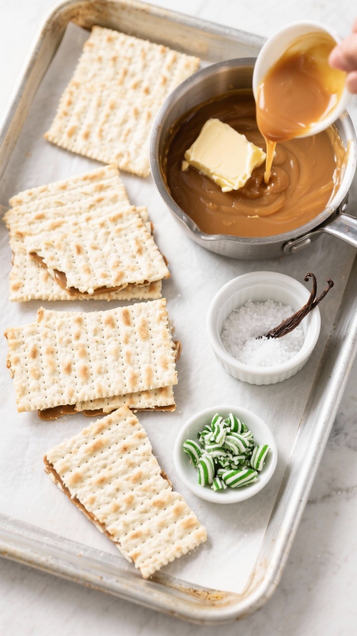 Overhead flat lay of gluten-free matzo peppermint bark toffee in the making: 4 sheets of plain/gluten-free matzo arranged on a rimmed sheet pan, a saucepan of butter and packed light brown sugar caramel ready to pour, a ramekin of vanilla extract, fine sea salt pinch bowl, and a dish of crushed peppermint; label-free GF cues, bright clean styling to emphasize that it’s gluten-free but indulgent; natural daylight, minimal props, sharp detail on matzo texture.