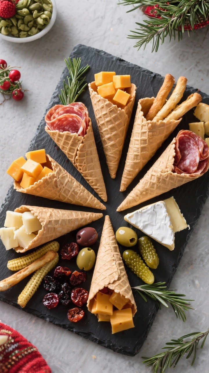 Overhead flat lay of holiday charcuterie cones: paper cones filled with folded salami or prosciutto, cubes of sharp cheddar and creamy brie/havarti, cornichons, assorted olives, and a few breadsticks; pops of color from rosemary sprigs and dried fruit, cones arranged in a festive fan on a slate board, clean separation of textures and shapes, bright, appetizing, party-ready scene.