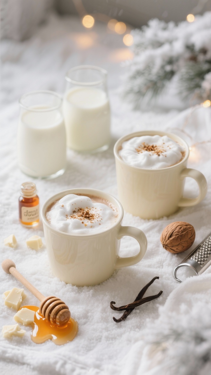 Overhead flat lay of honeyed white hot chocolate with a nutmeg “cloud” foam, poured into two cream-colored mugs on a snowy-white linen. The drink is ivory with delicate micro-foam and a light dusting of freshly grated nutmeg. Surround with ingredients: 3 cups whole milk, 1 cup half-and-half, 6 ounces finely chopped high-quality white chocolate, a honey dipper with glossy orange blossom honey trails, a small bottle of vanilla extract, and a whole nutmeg with a microplane. Soft, dreamy lighting, pale winter palette, subtle bokeh from fairy lights to enhance the snowy and dreamy mood.