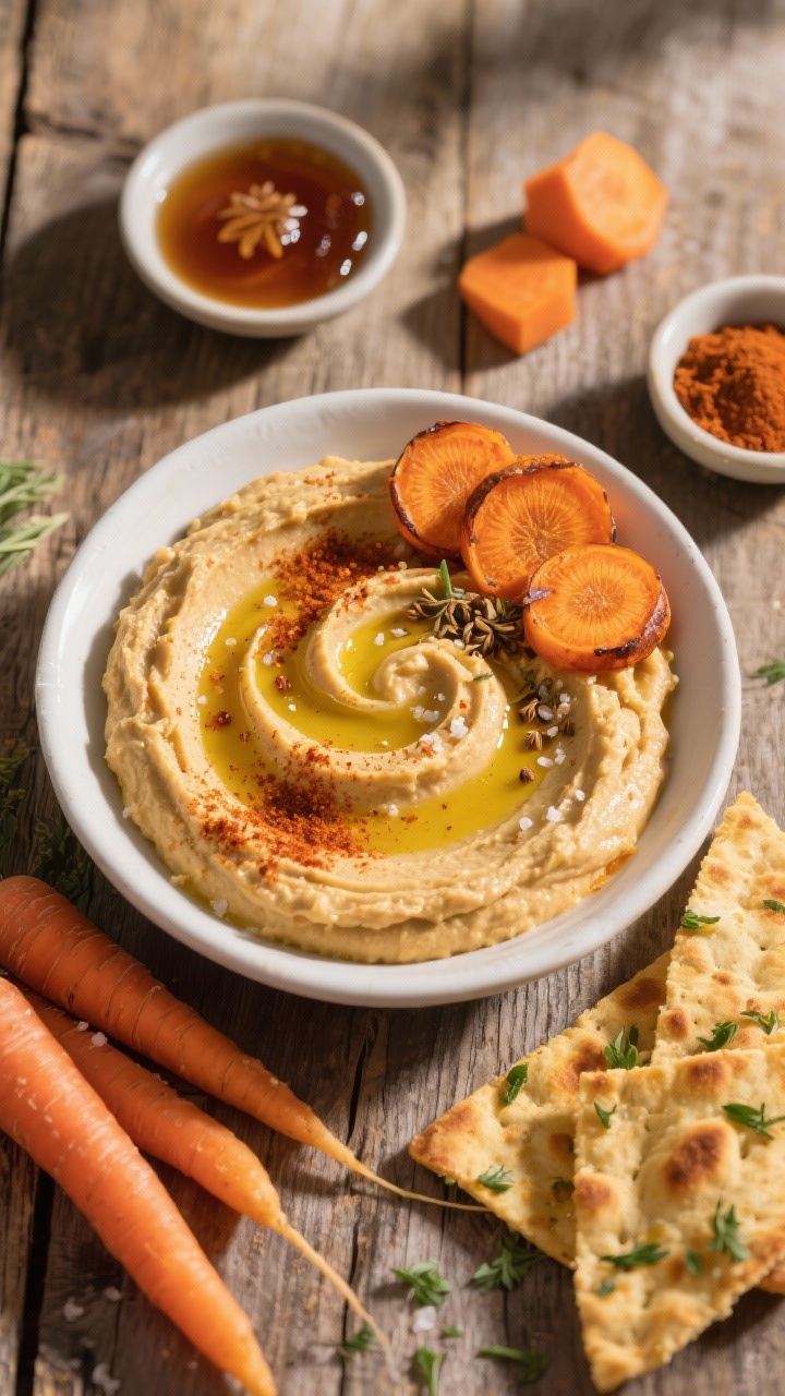 Overhead flat lay of maple-roasted carrot hummus in a shallow white bowl, swirled smooth with a glossy olive oil drizzle, sprinkled with smoked paprika and sea salt, garnished with roasted carrot coins and cumin dusting; alongside golden herby pita crisps brushed with olive oil and flecked with chopped herbs. Include raw peeled carrot chunks, a small dish of pure maple syrup, and a pinch bowl of smoked paprika to hint at ingredients. Warm, autumnal styling on a rustic wood surface, soft natural window light, crisp focus and vibrant orange hues.