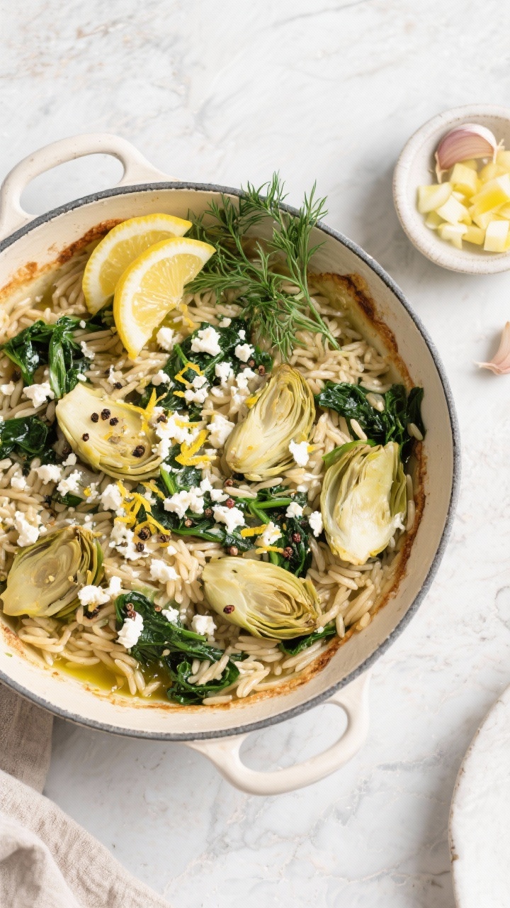 Hearty & Healthy Casseroles That Feed the Whole Family—and Win Weeknights Overhead flat lay of Mediterranean baked orzo with spinach, artichokes and lemon-feta crumble in a wide shallow pan: whole-wheat or regular orzo baked in vegetable broth until just tender, stirred with wilted spinach and quartered canned artichoke hearts; sprinkled with a zesty crumble of feta, lemon zest and cracked pepper; olive oil drizzled on top; garnished with fresh dill and lemon wedges; bright Mediterranean styling on a light stone surface with a small bowl of minced garlic and diced yellow onion off to the side; crisp, clean daylight.