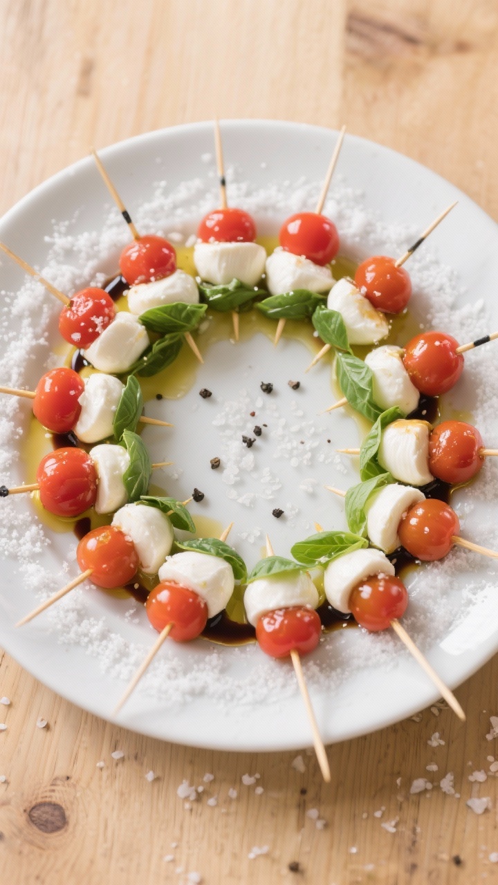 Overhead flat lay of mini caprese skewers arranged in a circular wreath on a white platter: cherry tomatoes, mini mozzarella balls (ciliegine), and small fresh basil leaves threaded neatly, lightly glistening with extra-virgin olive oil; finished with a fine drizzle of balsamic glaze like a snowfall pattern, sprinkled with flaky sea salt and black pepper, set on a light wood table for bright holiday freshness.