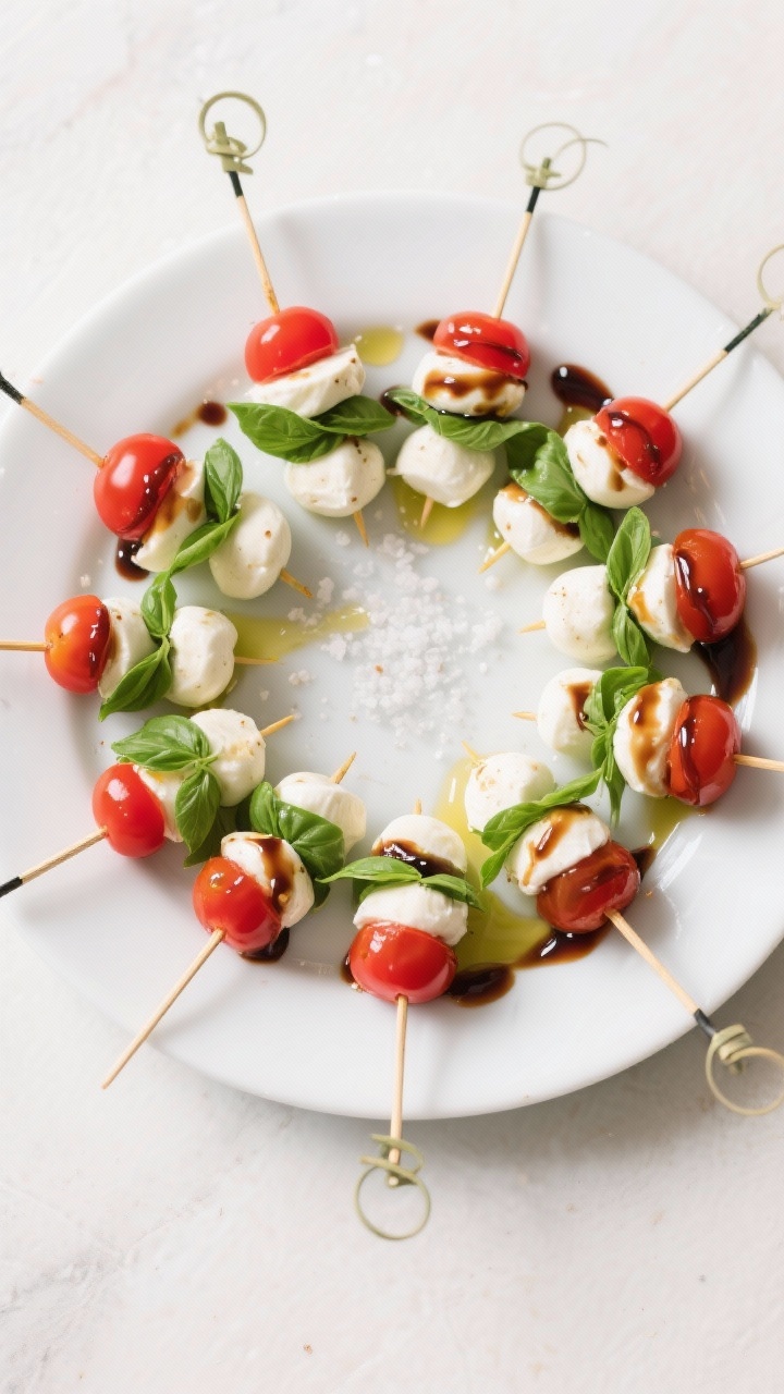 Overhead flat lay of Mini Caprese Wreath Skewers arranged in a perfect wreath on a white platter: repeating pattern of cherry tomatoes, mini mozzarella balls (ciliegine), and fresh basil leaves on cocktail picks; a glossy balsamic glaze drizzle and a light brush of extra-virgin olive oil; pinch of kosher salt visibly sprinkled; festive green and red palette styled with minimal props to keep focus on freshness, bright daylight
