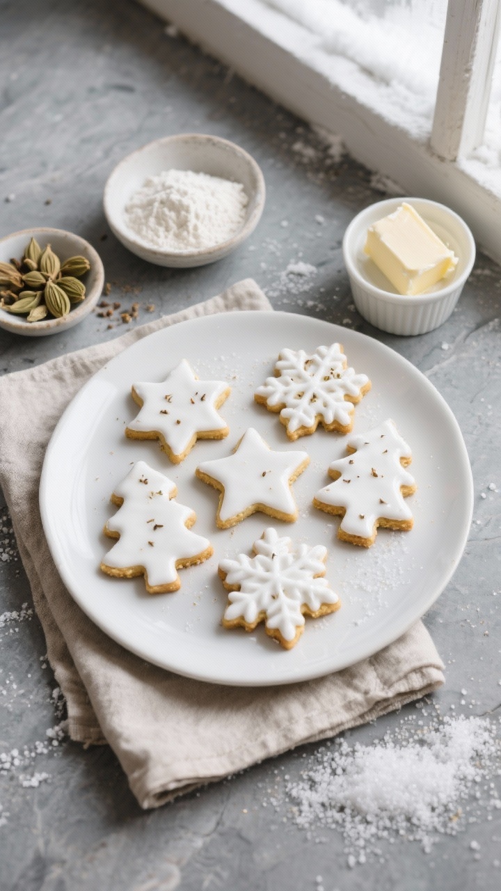 Overhead flat lay of minimalist Scandinavian “Buttery Cardamom Cutouts With Porcelain-White Glaze”: pale, porcelain-white glazed cookie cutouts (stars, snowflakes, trees) with subtle specks of freshly ground cardamom visible on golden edges, arranged on cool gray stone. Style a restrained neutral palette: matte white ceramic plate, linen napkin in oatmeal tone, dusting of granulated sugar like snow. Include small bowls holding all-purpose flour, fine sea salt, and a mound of ground cardamom; a room-temp stick of unsalted butter partly unwrapped; a ramekin of white glaze. Soft winter window light, crisp shadows, high detail on buttery crumb and glossy-yet-matte glaze finish. No people, calm Nordic mood.