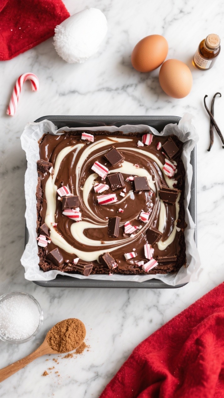 Overhead flat lay of North Pole Peppermint Bark Brownies being swirled: a glossy semi-sweet chocolate brownie batter made with melted butter and chopped chocolate in a parchment-lined square pan, with visible crunchy peppermint candy cane pieces and a white chocolate peppermint bark swirl marbled through the top; granulated sugar, brown sugar, two room-temperature eggs, and a vanilla extract bottle arranged neatly around on a cool marble surface; styling in festive red-and-white tones, crisp highlights on the glossy batter, no people, professional studio lighting.