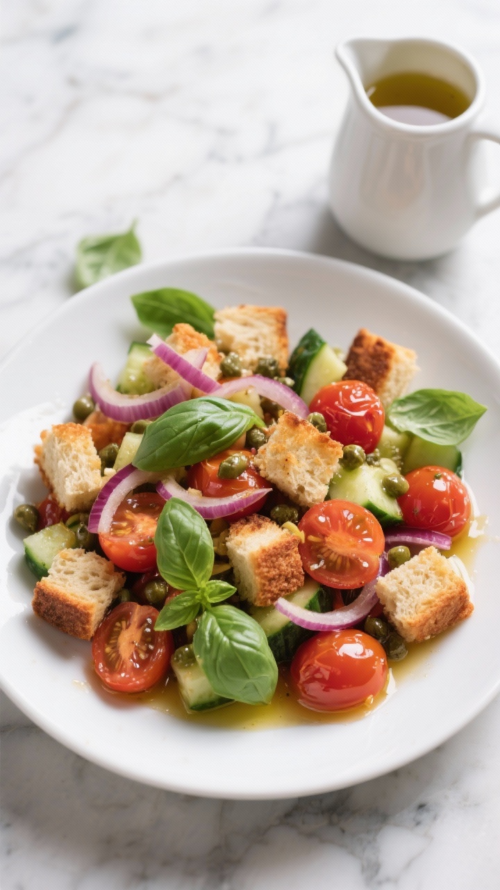 Transform Leftovers Into Gourmet Meals: Best Recipes to Try Tonight Overhead flat-lay of pantry panzanella with burst tomatoes and basil vinaigrette: torn toasted bread cubes soaked just-right, jammy blistered cherry tomatoes releasing juices, ribbons of red onion, capers, cucumbers; glossy basil vinaigrette pooling on the plate, fresh basil leaves scattered; served in a wide white bowl on a marble surface, extra vinaigrette in a small pitcher; vibrant, Italian market feel.